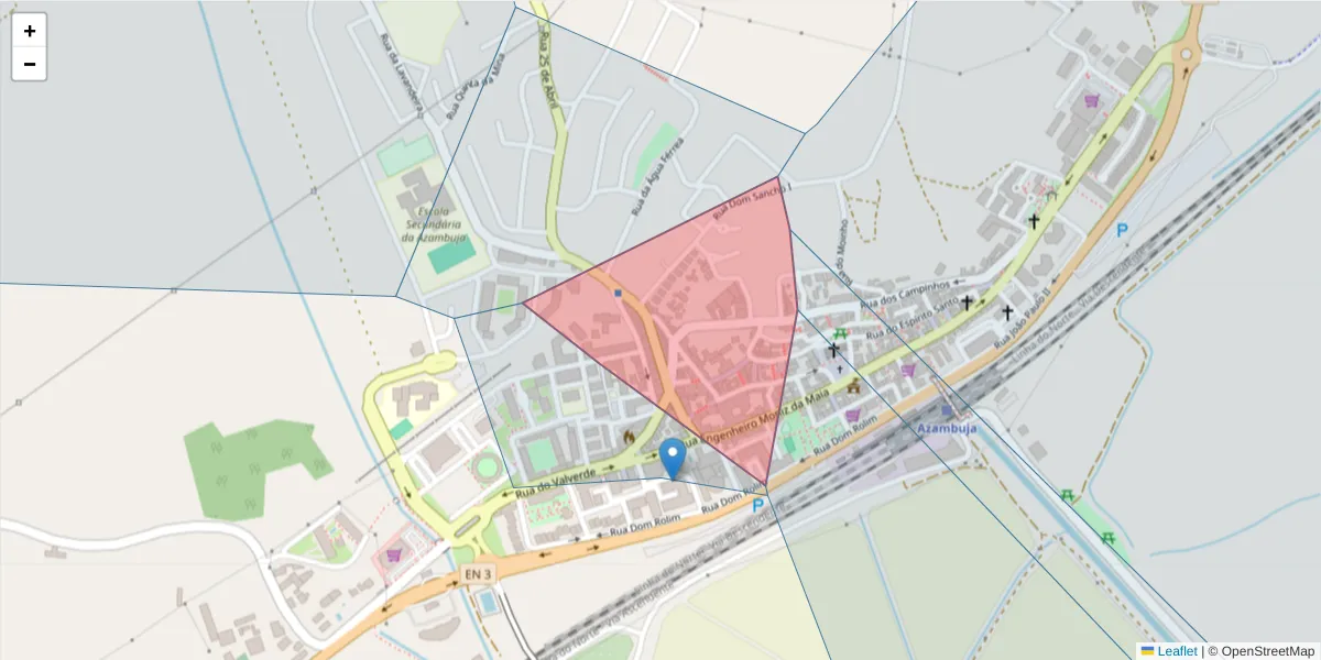 Mapa detalhado do código postal 2050-332 com limites, códigos postais vizinhos e agências dos correios