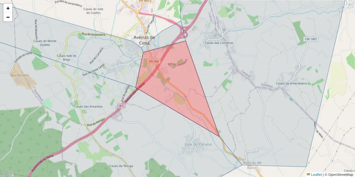 Mapa detalhado do código postal 2050 com limites, códigos postais vizinhos e agências dos correios