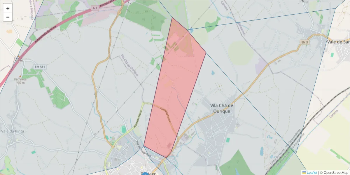 Mapa detalhado do código postal 2070-036 com limites, códigos postais vizinhos e agências dos correios