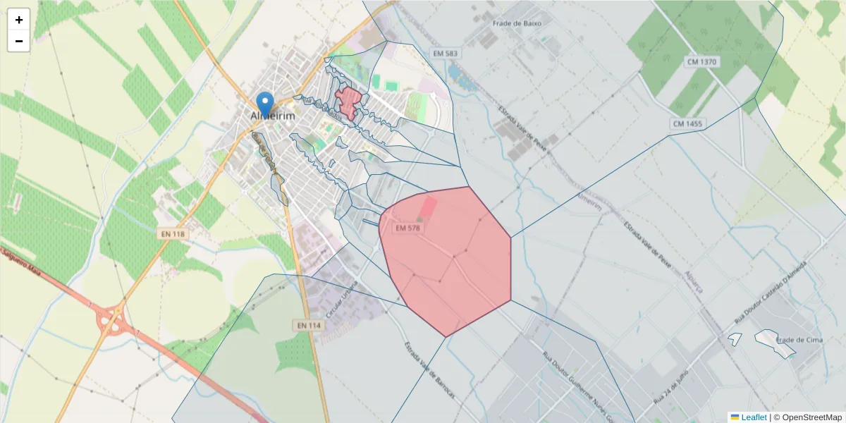 Mapa detalhado do código postal 2080-001 com limites, códigos postais vizinhos e agências dos correios