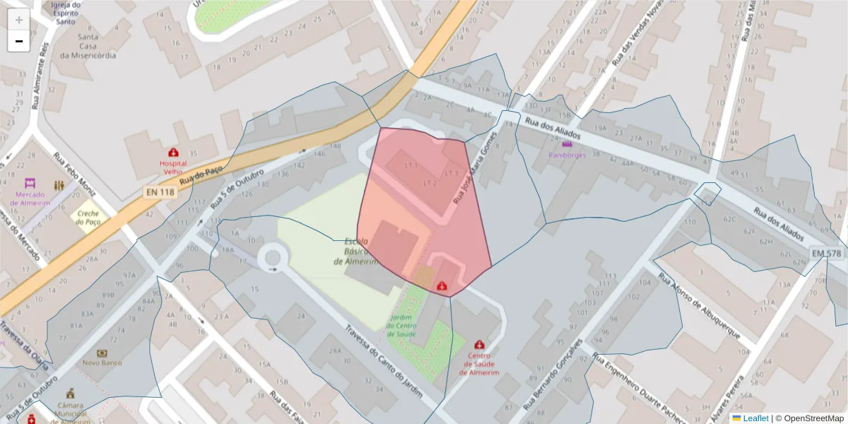 Mapa detalhado do código postal 2080-010 com limites, códigos postais vizinhos e agências dos correios