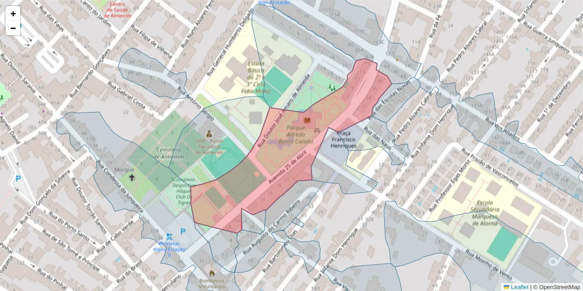 Mapa detalhado do código postal 2080-012 com limites, códigos postais vizinhos e agências dos correios