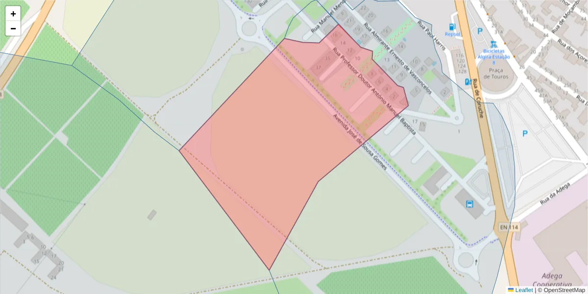 Mapa detalhado do código postal 2080-021 com limites, códigos postais vizinhos e agências dos correios