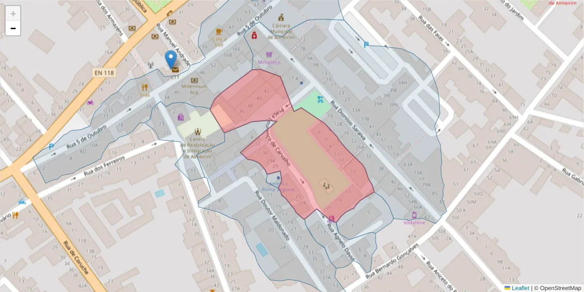 Mapa detalhado do código postal 2080-043 com limites, códigos postais vizinhos e agências dos correios