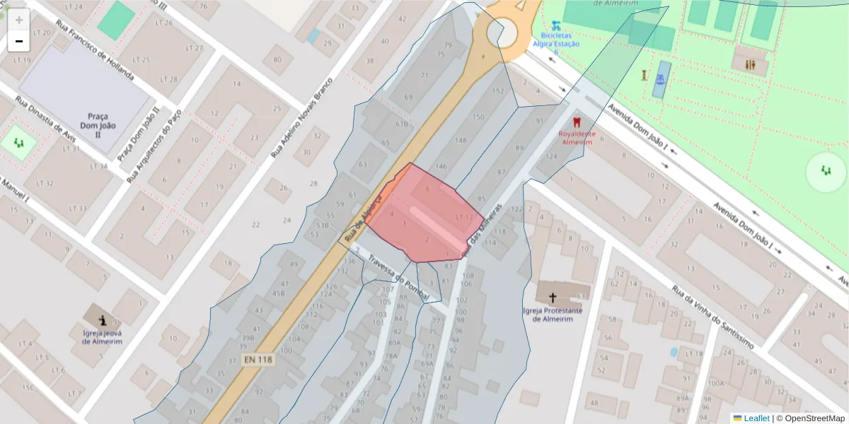Mapa detalhado do código postal 2080-047 com limites, códigos postais vizinhos e agências dos correios