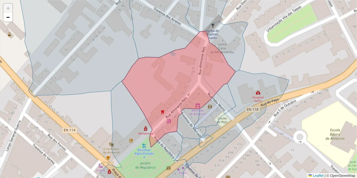 Mapa detalhado do código postal 2080-060 com limites, códigos postais vizinhos e agências dos correios