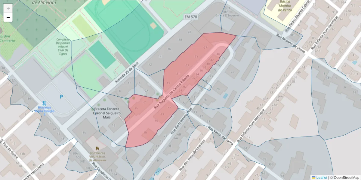 Mapa detalhado do código postal 2080-063 com limites, códigos postais vizinhos e agências dos correios