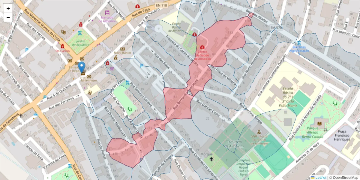 Mapa detalhado do código postal 2080-065 com limites, códigos postais vizinhos e agências dos correios