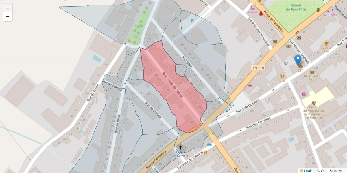 Mapa detalhado do código postal 2080-068 com limites, códigos postais vizinhos e agências dos correios
