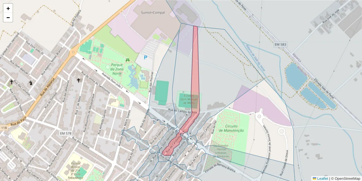 Mapa detalhado do código postal 2080-072 com limites, códigos postais vizinhos e agências dos correios