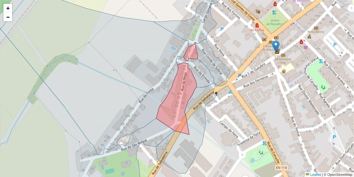 Mapa detalhado do código postal 2080-082 com limites, códigos postais vizinhos e agências dos correios