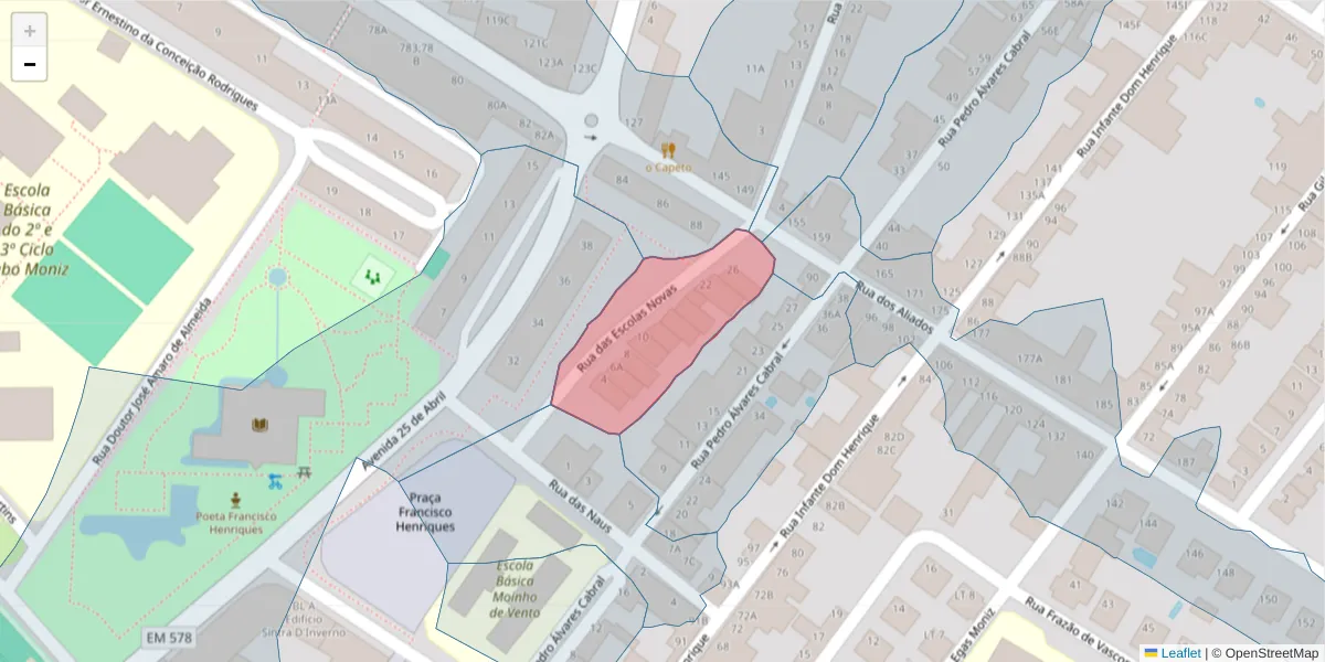 Mapa detalhado do código postal 2080-085 com limites, códigos postais vizinhos e agências dos correios