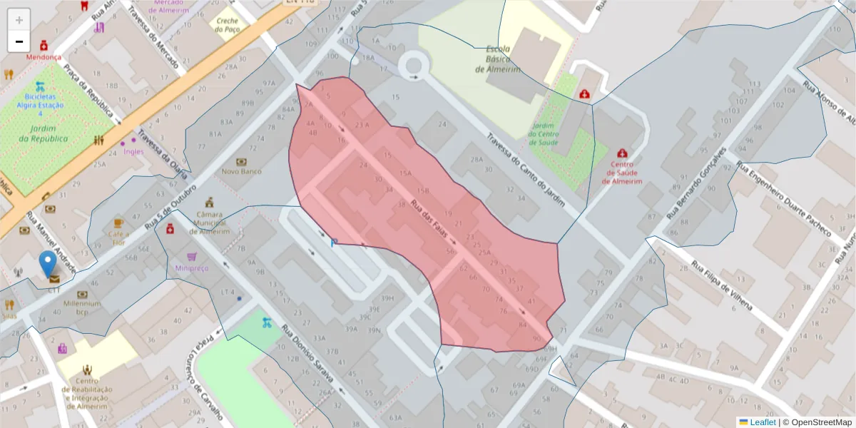 Mapa detalhado do código postal 2080-086 com limites, códigos postais vizinhos e agências dos correios