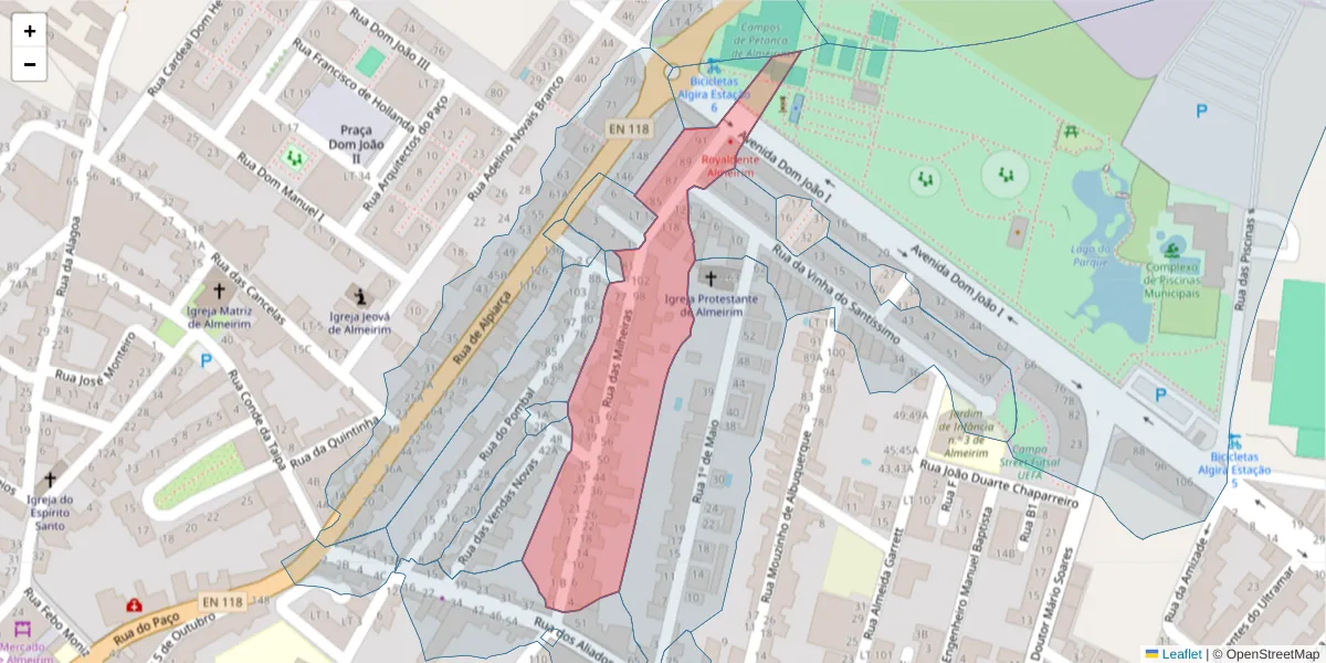 Mapa detalhado do código postal 2080-088 com limites, códigos postais vizinhos e agências dos correios