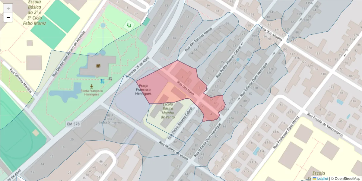 Mapa detalhado do código postal 2080-089 com limites, códigos postais vizinhos e agências dos correios