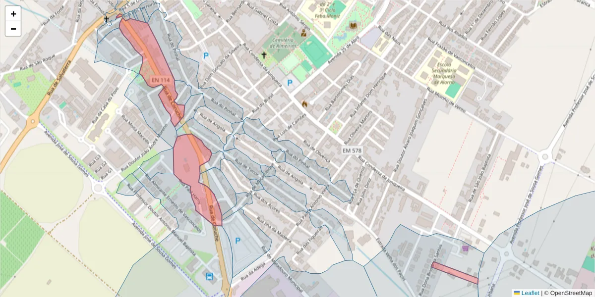 Mapa detalhado do código postal 2080-094 com limites, códigos postais vizinhos e agências dos correios
