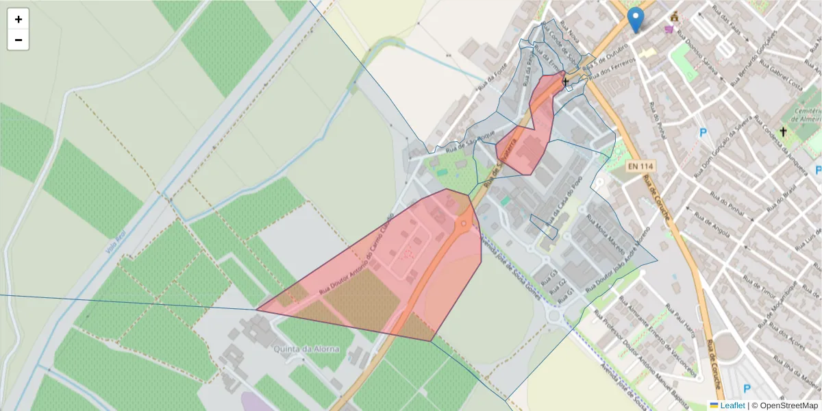 Mapa detalhado do código postal 2080-098 com limites, códigos postais vizinhos e agências dos correios