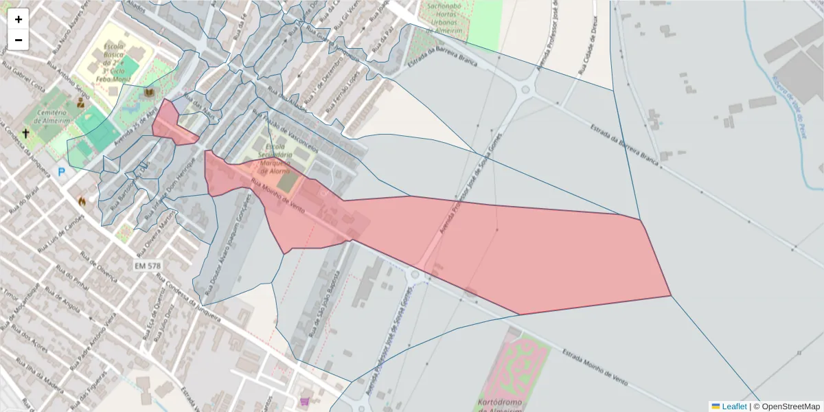 Mapa detalhado do código postal 2080-108 com limites, códigos postais vizinhos e agências dos correios