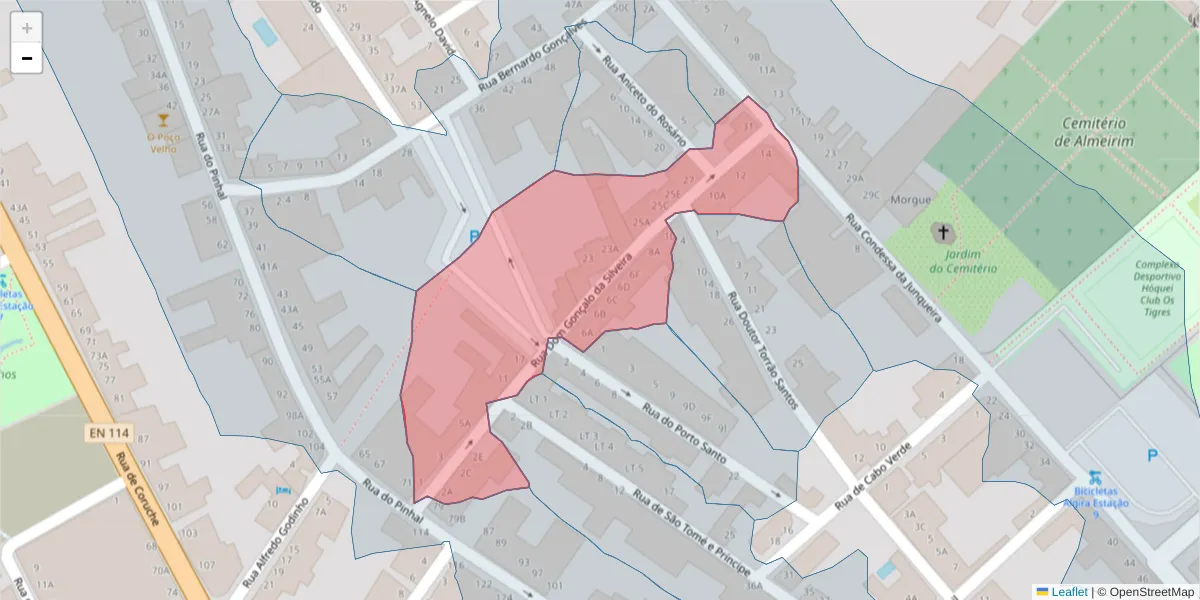 Mapa detalhado do código postal 2080-114 com limites, códigos postais vizinhos e agências dos correios