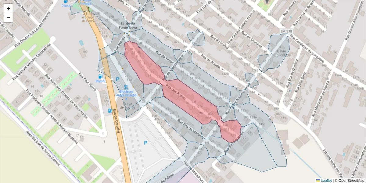 Mapa detalhado do código postal 2080-115 com limites, códigos postais vizinhos e agências dos correios