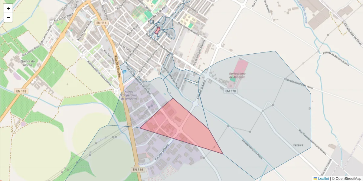 Mapa detalhado do código postal 2080-119 com limites, códigos postais vizinhos e agências dos correios