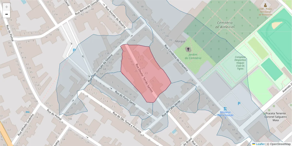 Mapa detalhado do código postal 2080-123 com limites, códigos postais vizinhos e agências dos correios