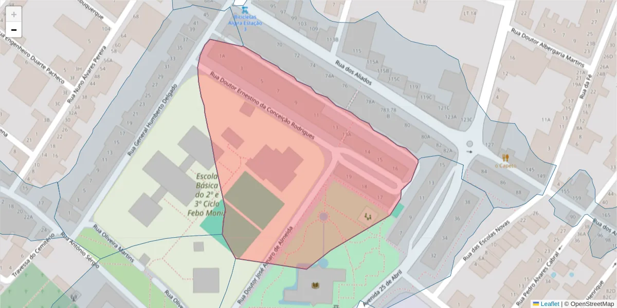 Mapa detalhado do código postal 2080-124 com limites, códigos postais vizinhos e agências dos correios