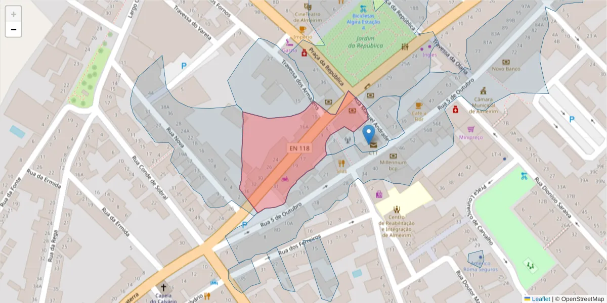 Mapa detalhado do código postal 2080-125 com limites, códigos postais vizinhos e agências dos correios