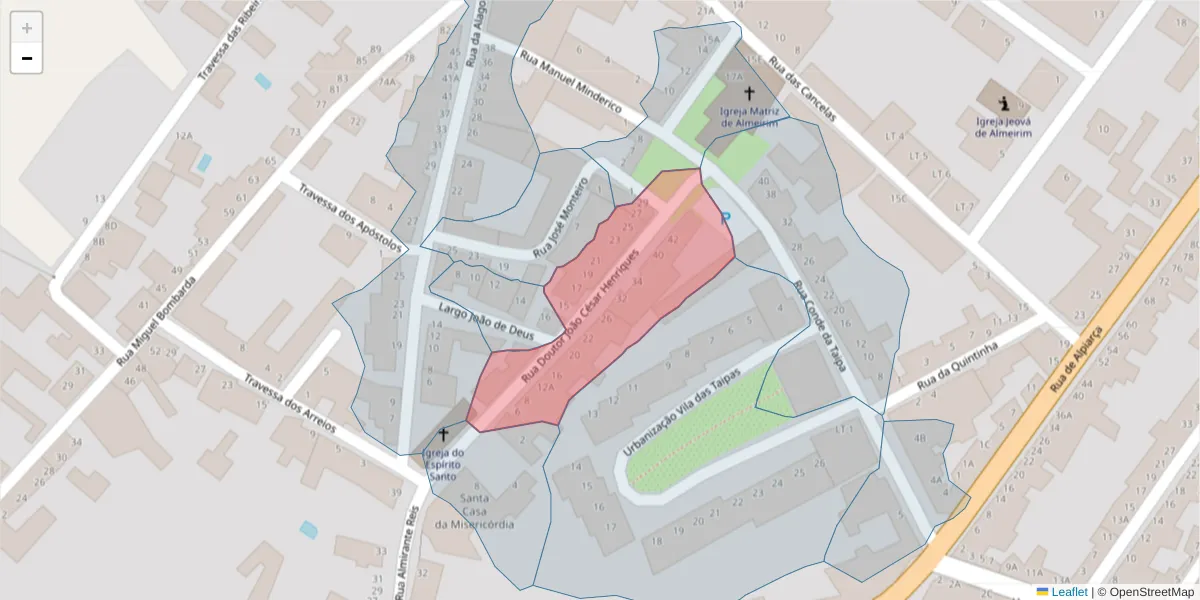 Mapa detalhado do código postal 2080-126 com limites, códigos postais vizinhos e agências dos correios