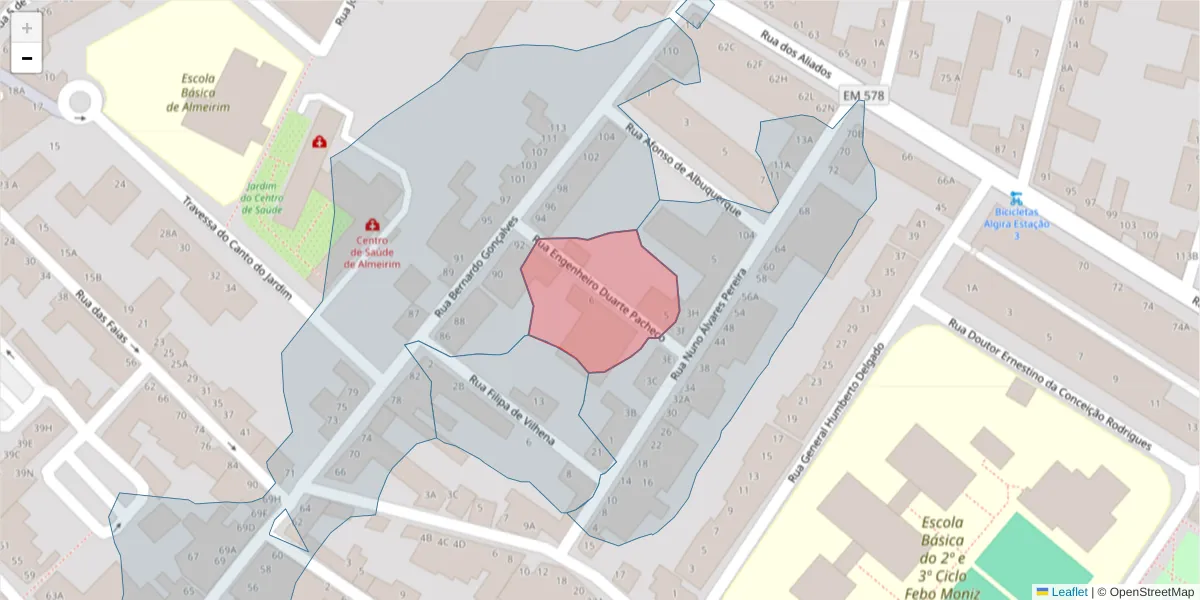 Mapa detalhado do código postal 2080-132 com limites, códigos postais vizinhos e agências dos correios