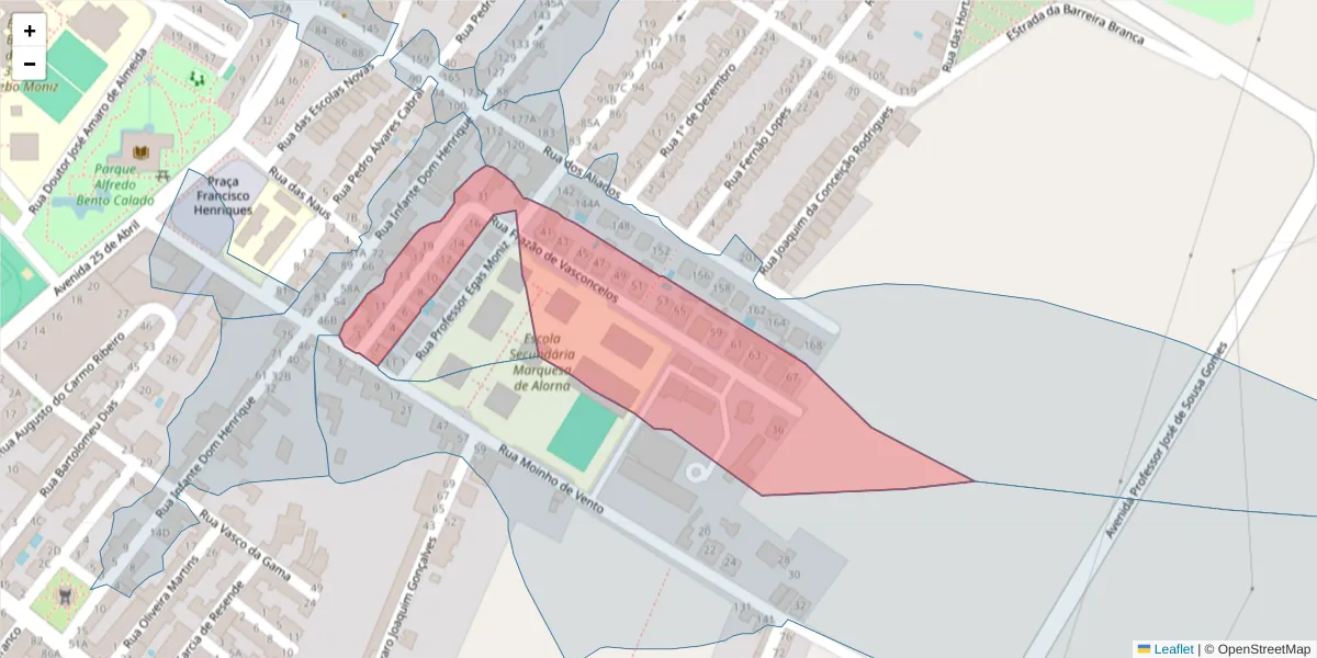 Mapa detalhado do código postal 2080-138 com limites, códigos postais vizinhos e agências dos correios