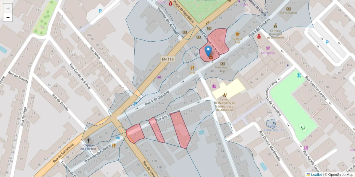 Mapa detalhado do código postal 2080-153 com limites, códigos postais vizinhos e agências dos correios