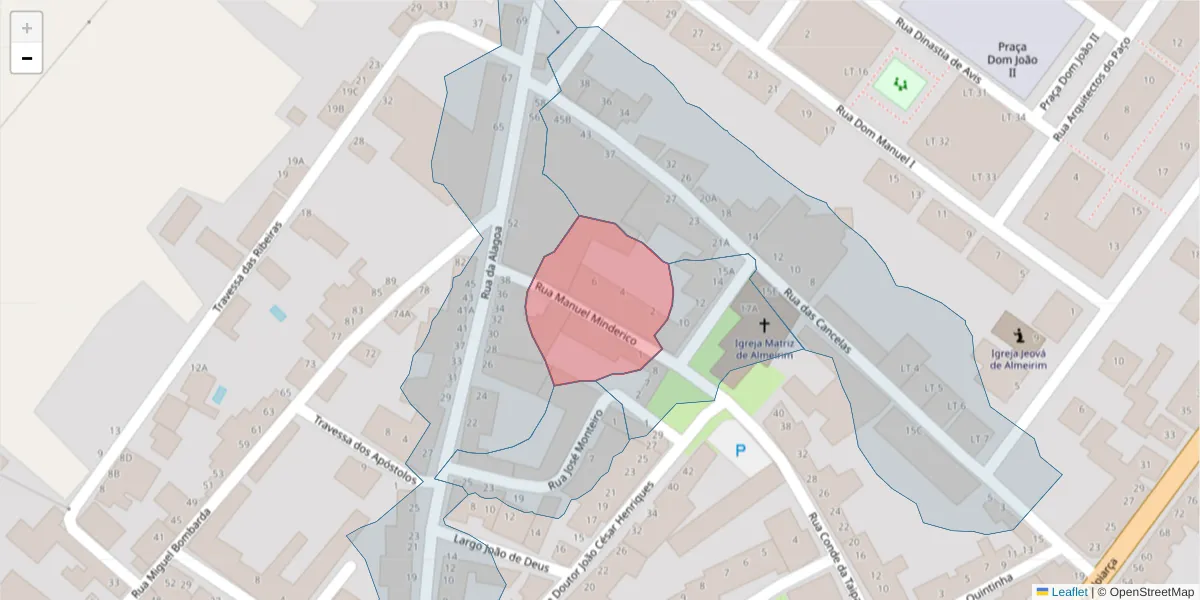 Mapa detalhado do código postal 2080-154 com limites, códigos postais vizinhos e agências dos correios
