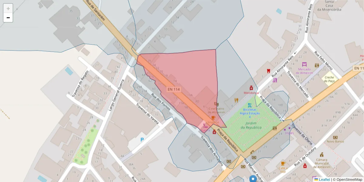 Mapa detalhado do código postal 2080-155 com limites, códigos postais vizinhos e agências dos correios