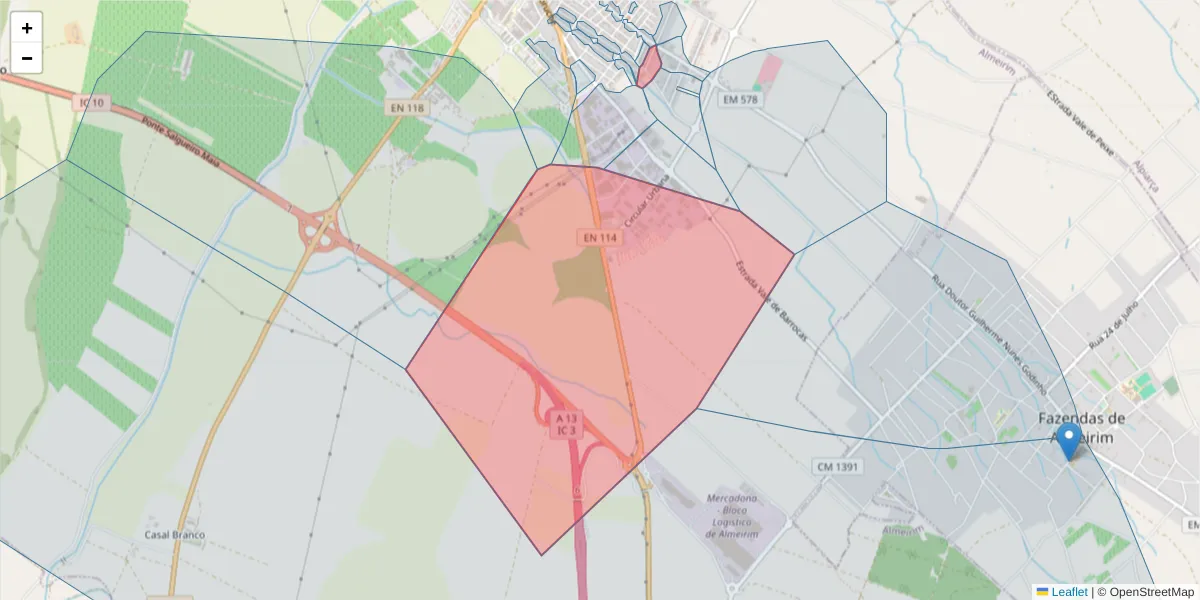 Mapa detalhado do código postal 2080-156 com limites, códigos postais vizinhos e agências dos correios