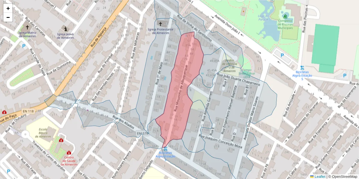 Mapa detalhado do código postal 2080-158 com limites, códigos postais vizinhos e agências dos correios