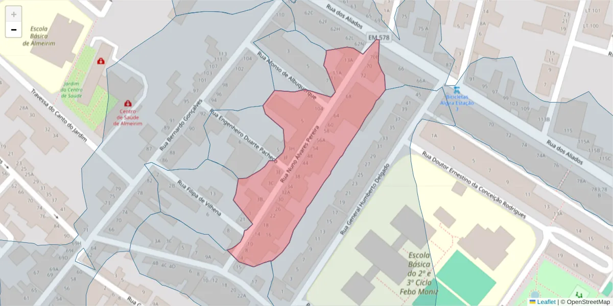 Mapa detalhado do código postal 2080-160 com limites, códigos postais vizinhos e agências dos correios