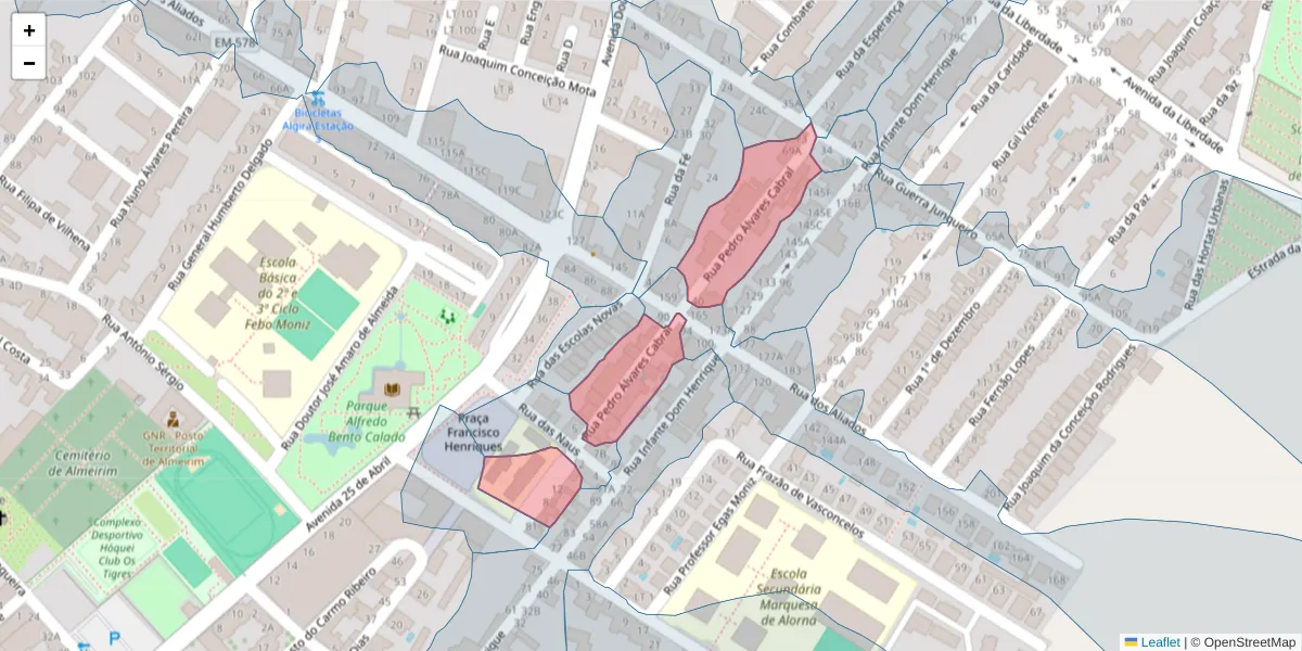 Mapa detalhado do código postal 2080-163 com limites, códigos postais vizinhos e agências dos correios
