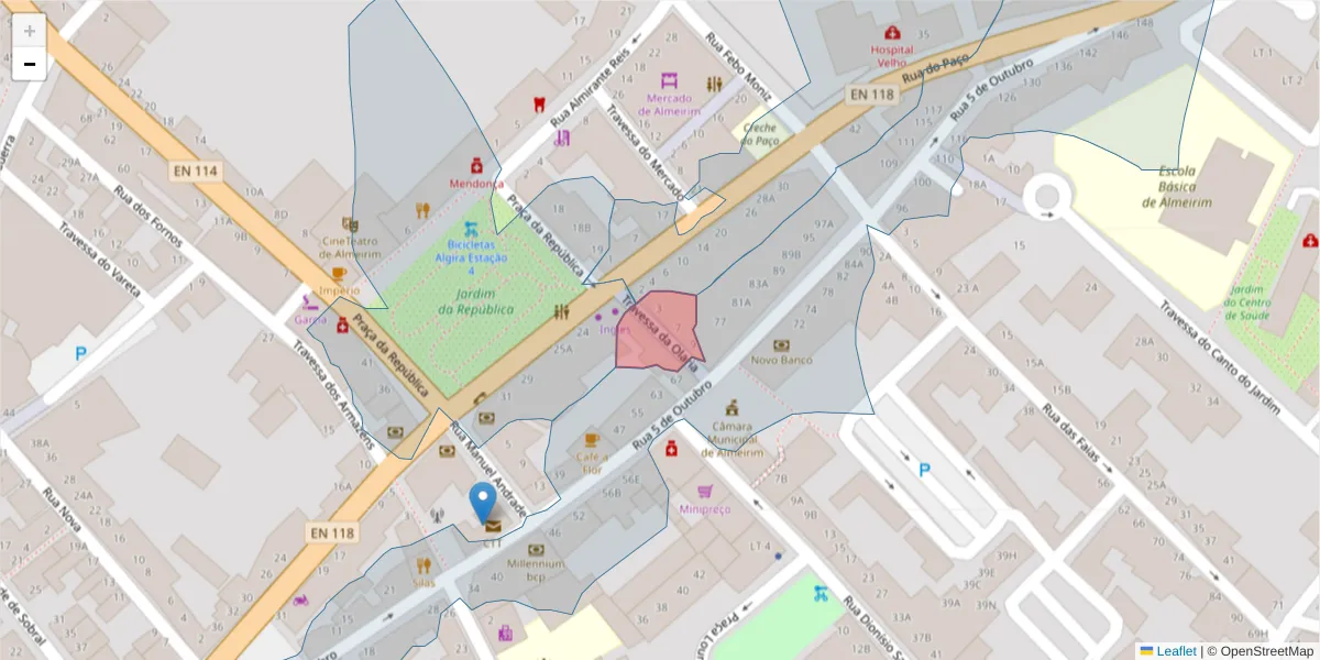 Mapa detalhado do código postal 2080-169 com limites, códigos postais vizinhos e agências dos correios
