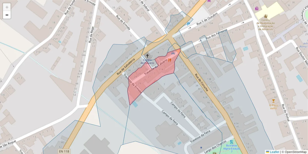 Mapa detalhado do código postal 2080-174 com limites, códigos postais vizinhos e agências dos correios