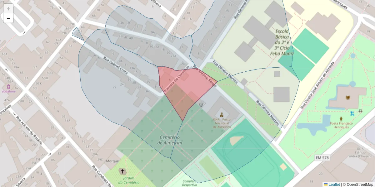 Mapa detalhado do código postal 2080-175 com limites, códigos postais vizinhos e agências dos correios