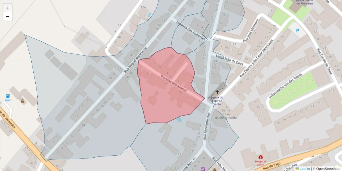 Mapa detalhado do código postal 2080-182 com limites, códigos postais vizinhos e agências dos correios