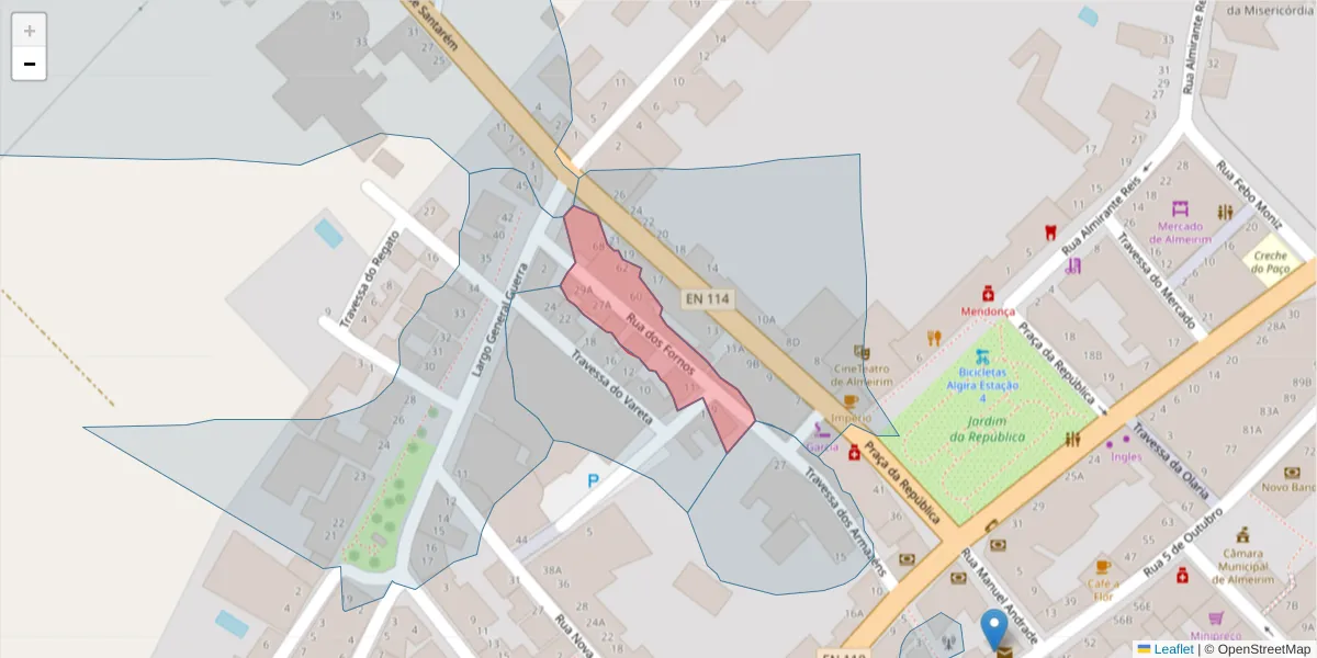 Mapa detalhado do código postal 2080-183 com limites, códigos postais vizinhos e agências dos correios