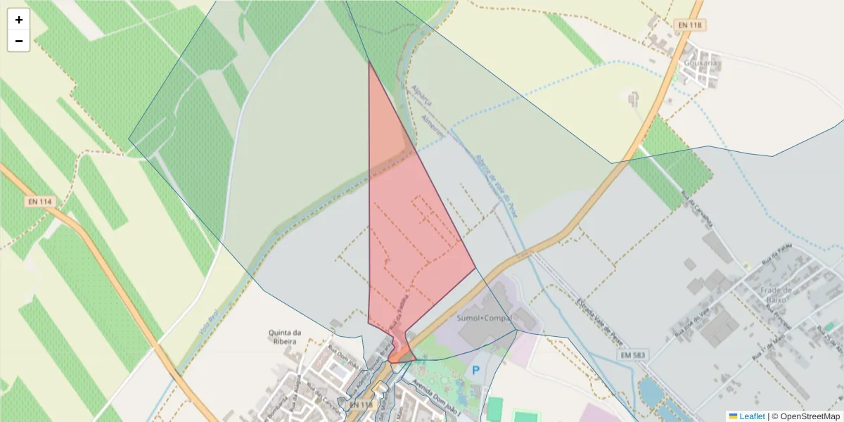 Mapa detalhado do código postal 2080-186 com limites, códigos postais vizinhos e agências dos correios