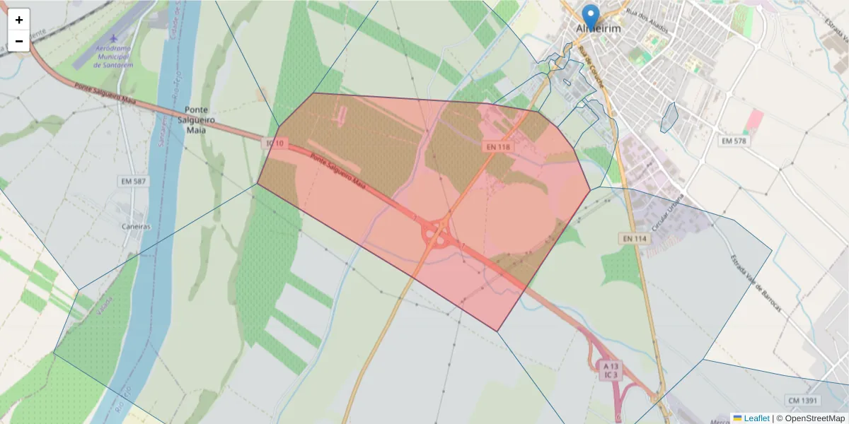 Mapa detalhado do código postal 2080-187 com limites, códigos postais vizinhos e agências dos correios