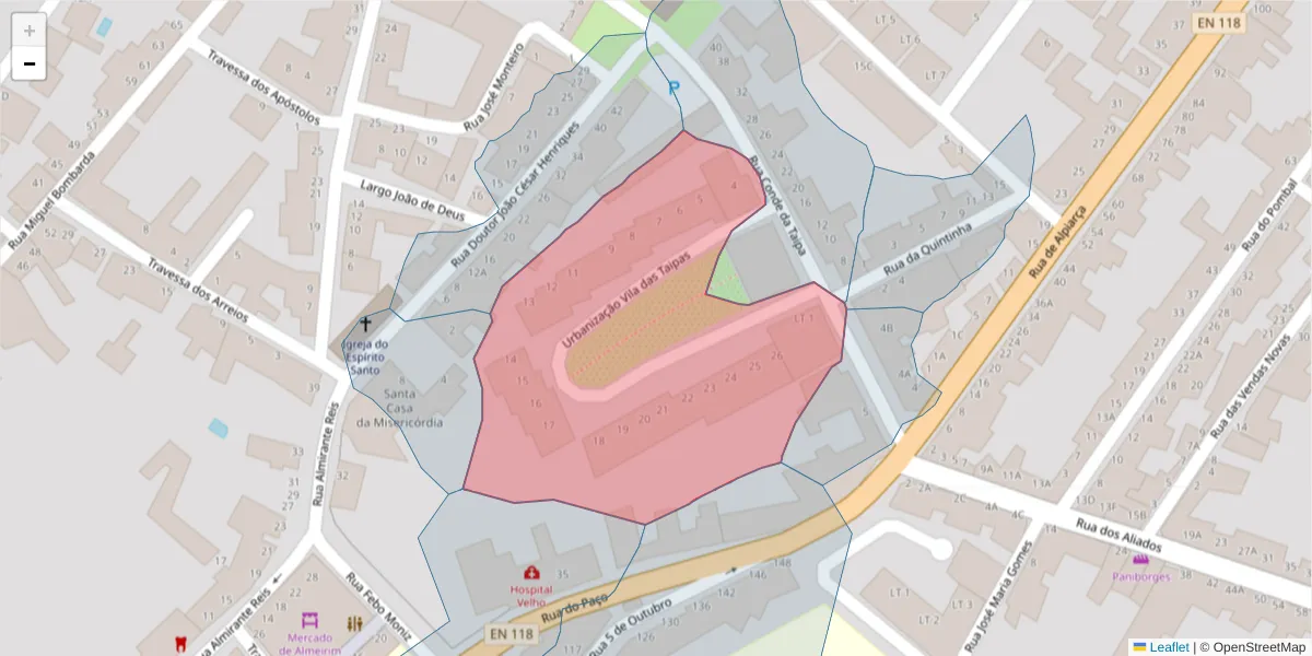 Mapa detalhado do código postal 2080-195 com limites, códigos postais vizinhos e agências dos correios