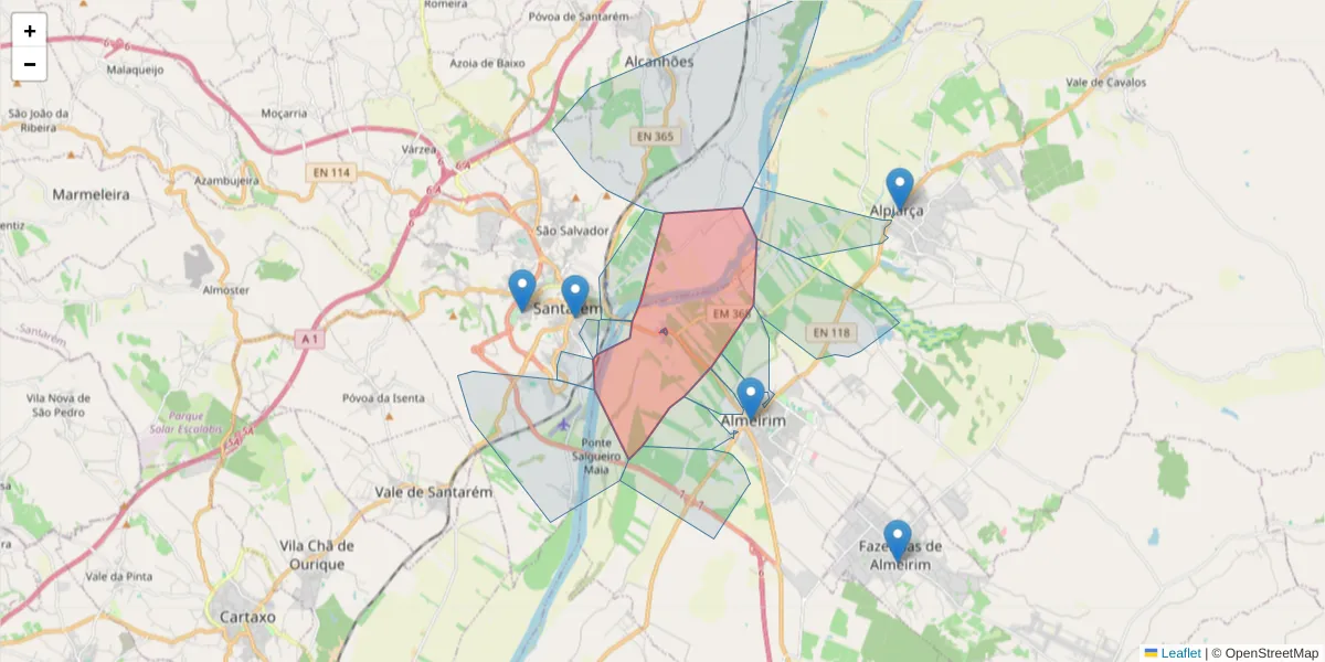 Mapa detalhado do código postal 2080-220 com limites, códigos postais vizinhos e agências dos correios