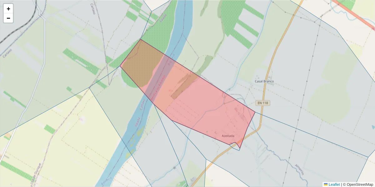 Mapa detalhado do código postal 2080-303 com limites, códigos postais vizinhos e agências dos correios