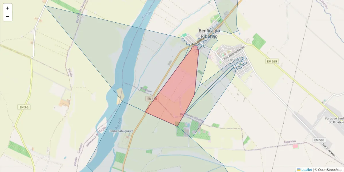 Mapa detalhado do código postal 2080-339 com limites, códigos postais vizinhos e agências dos correios