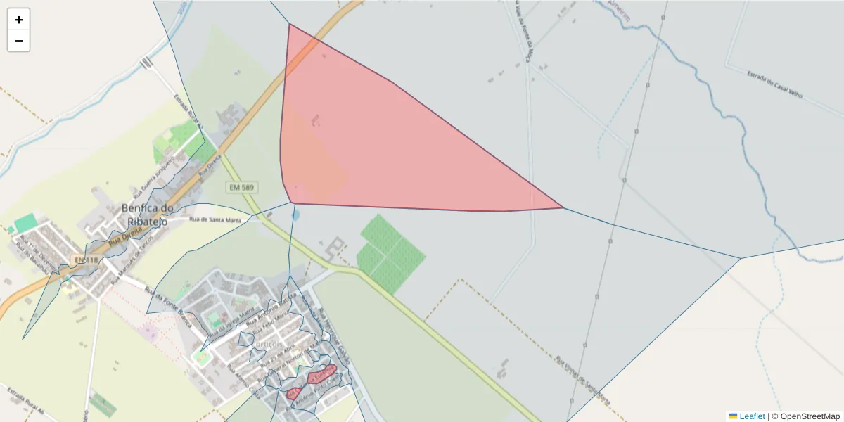 Mapa detalhado do código postal 2080-386 com limites, códigos postais vizinhos e agências dos correios